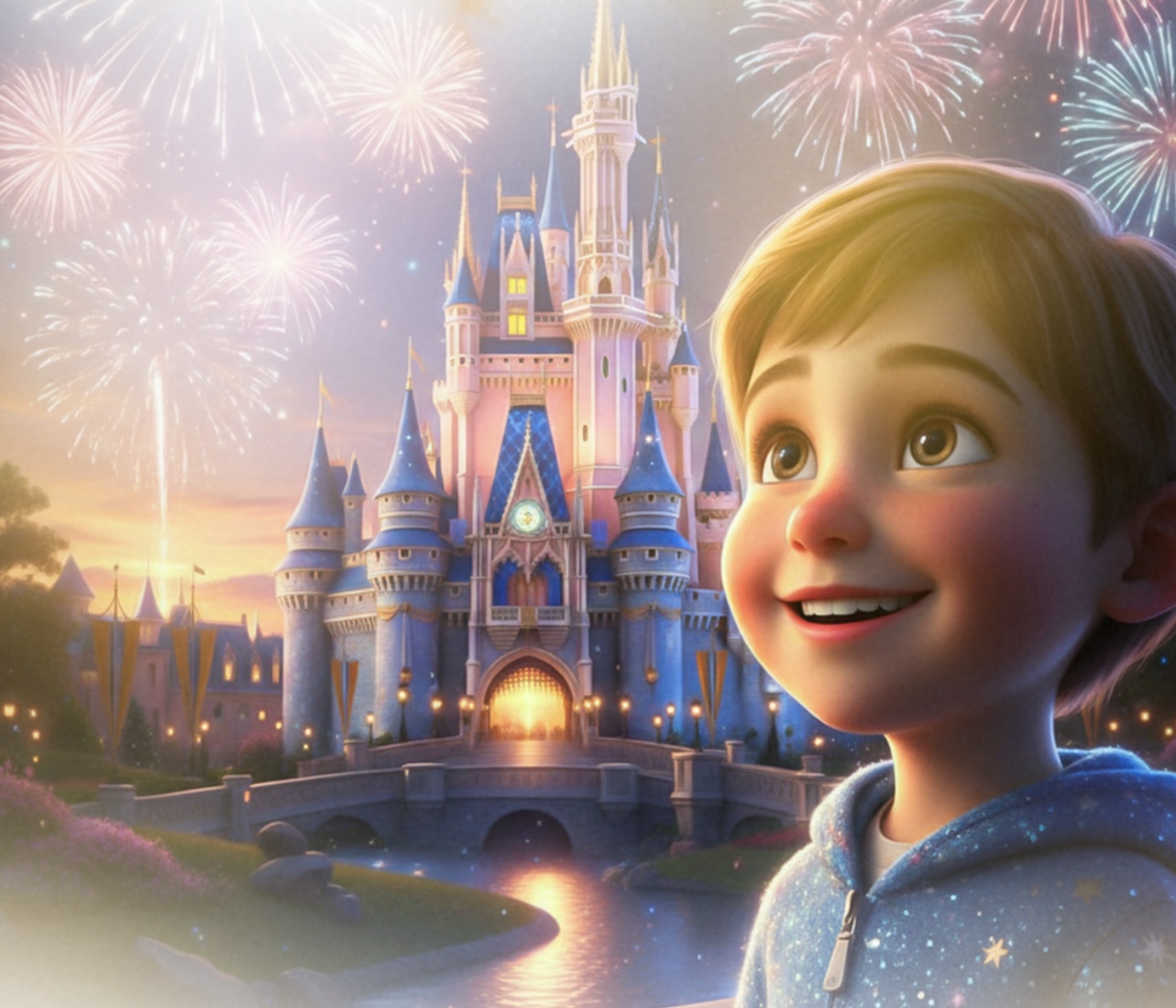 Criança sorridente olhando para o castelo mágico